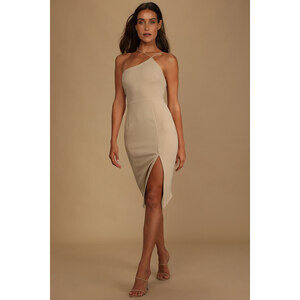 Lulus Happiest Hour Beige Asymmetrical Bodycon Midi Dress - Size S